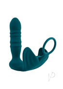 Playboy Bring It On Silicone Anal Plug with Cock Ring Teal showing a teal silicone design with thrusting and vibrating features.