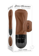 Zero Tolerance Tight Lipped Pussy Masturbator Chocolate displayed in a sleek package showing its detail and features.