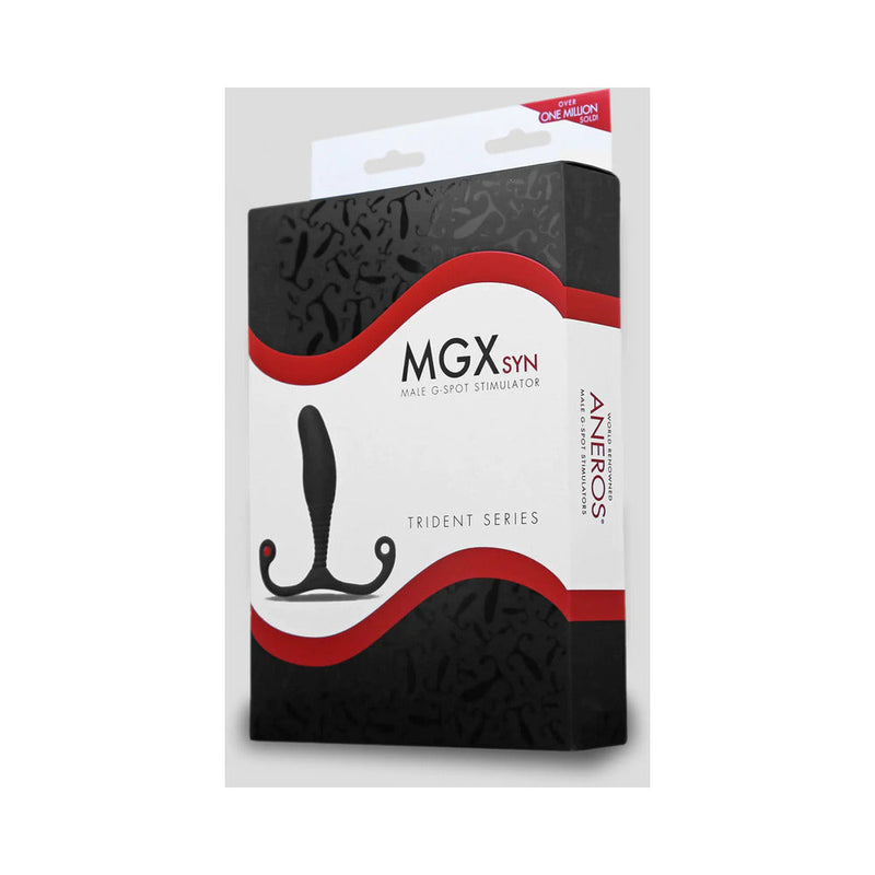Aneros Trident Series MGX Syn Prostate Stimulator packaging showing premium design and quality features.
