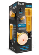 Zolo Vibrating Mountable Stroker Gold packaging showcasing 10 rumbling vibrations and hands-free design.