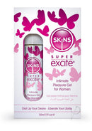 Skins Super Excite Clitoral Stimulation Gel 1 Oz packaging with butterflies design.