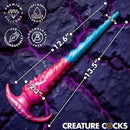 Creature Cock Vibropus Anal Dildo with Remote Control showcasing dimensions and features like premium silicone and USB rechargeable.