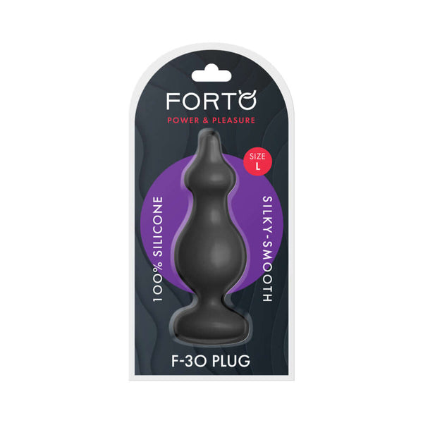 Forto F-30 Pointer Silicone Anal Plug Large Black in packaging, made from 100% silky-smooth silicone.