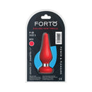Forto F-21 Tear Drop Silicone Anal Plug Small Red packaging featuring its dimensions and features.