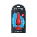 Forto F-21 Tear Drop Silicone Anal Plug Medium Red packaging featuring silky-smooth silicone design.