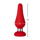 Forto F-21 Tear Drop Silicone Anal Plug Medium Red displayed with dimensions 4.5 inches height and 1.5 inches diameter.