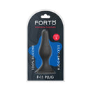 Forto F-11 Lungo Silicone Anal Plug Small Black packaging featuring silky-smooth texture and sleek design.