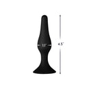 Forto F-11 Lungo Silicone Anal Plug Small Black shown with dimensions 1.1 inches wide and 4.5 inches tall.