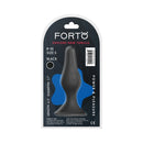 Forto F-11 Lungo Silicone Anal Plug Small Black in packaging showing dimensions and design features.