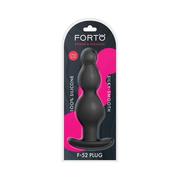 Forto F-52 Cone Beads Silicone Anal Plug Black packaging with focus on silky-smooth silicone material.