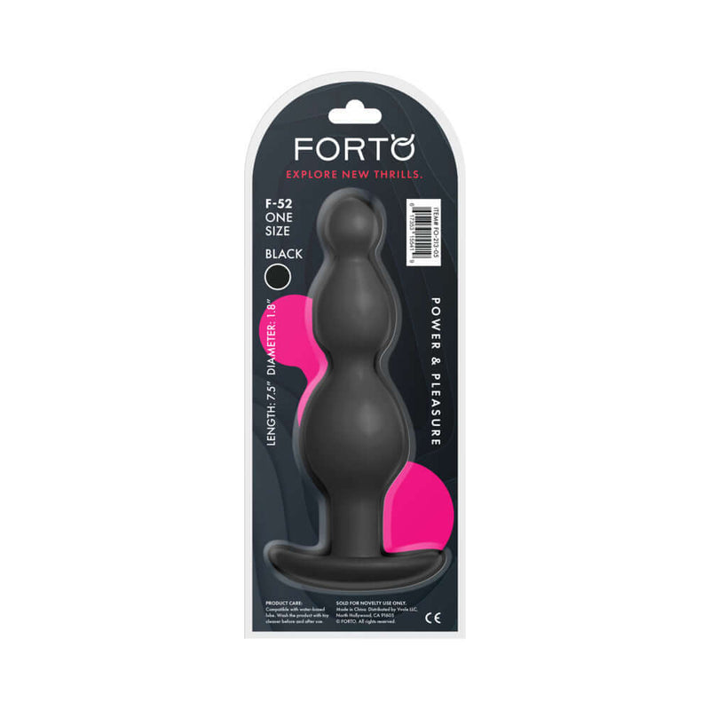 Forto F-52 Cone Beads Silicone Anal Plug Black packaging showing the sleek design and features of the product.