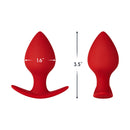 Forto F-60 Spade Silicone Anal Plug Small Red showing dimensions 1.6 inch width and 3.5 inch height.