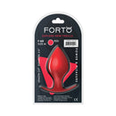 Forto F-60 Spade Silicone Anal Plug Medium Red in packaging showcasing its design and specifications.
