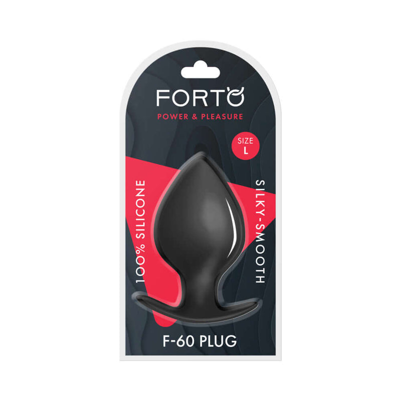 Forto F-60 Spade Silicone Anal Plug Large Black in packaging, featuring silky-smooth black silicone design.