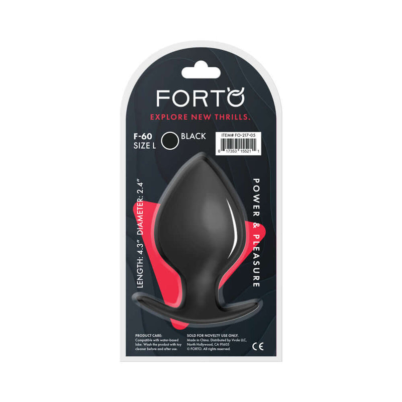 Forto F-60 Spade Silicone Anal Plug Large Black packaging featuring sleek black design and product details.