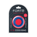 Forto F-12 Liquid Silicone Cockring 35mm Blue packaging showcasing a soft and stretchy design for comfort.