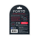 Forto F-12 Liquid Silicone Cockring 35mm Blue packaging with instructions and product details.