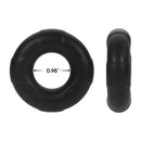 Forto F-33 Liquid Silicone Cockring Large Black shown from the front and side, featuring a snug 0.98" inner diameter.