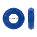 Forto F-33 Liquid Silicone Cockring Large Blue shown from top and side views, showcasing its design and 0.98 inch inner diameter.