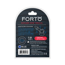 Forto F-33 Liquid Silicone Cockring Large Blue packaging instructions and care information.