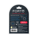Forto F-33 Liquid Silicone Cockring Large Glow usage instructions and care information on packaging.