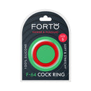Forto F-64 Wide Liquid Silicone Cockring Small Red packaging with green and red colors, highlighting comfort and pleasure.