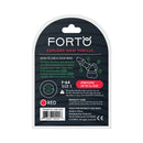 Forto F-64 Wide Liquid Silicone Cockring Small Red packaging with usage instructions and product care.
