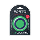 Forto F-64 Wide Liquid Silicone Cockring Small Blue packaging featuring soft and stretchy 100% silicone construction.