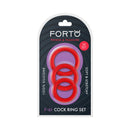 Forto F-61 3-piece Silicone Cockring Set Red featuring soft and stretchy rings in a convenient packaging.
