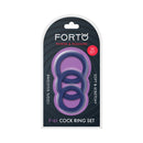 Forto F-61 3-piece Silicone Cockring Set Blue packaging featuring three silicone rings in a soft and stretchy design.