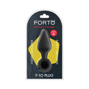 Forto F-10 Silicone Anal Plug With Pull Ring Medium Black packaging showing its smooth design and conical shape.
