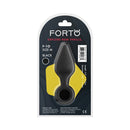 Forto F-10 Silicone Anal Plug With Pull Ring Medium Black packaging design on display.