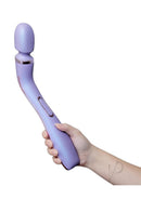 Wellness Eternal Wand Silicone Vibrating Massager Lavender held in a hand, featuring a sleek lavender design and buttons.