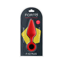 Forto F-10 Silicone Anal Plug With Pull Ring Large Red packaging featuring a silky smooth design and 100% silicone material.