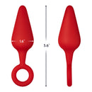 Forto F-10 Silicone Anal Plug With Pull Ring Large Red, showcasing dimensions of 1.6" width and 5.6" height.