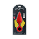 Forto F-10 Silicone Anal Plug With Pull Ring Large Red packaging featuring a red tapered plug design.