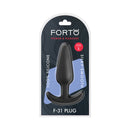 Forto F-31 Silicone Anal Plug Large Black with packaging displaying its features.