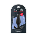 Forto F-31 Silicone Anal Plug Medium Black in packaging, 100% silicone, silky-smooth design.
