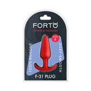 Forto F-31 Silicone Anal Plug Small Red packaging design showcasing its silky-smooth silicone material.