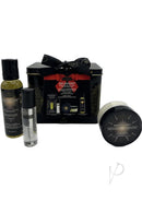 Sex Magnet Pheromone 3 Piece Gift Set Vanilla Amber showcased in an elegant package with massage oil, pheromone roll-on, and candle.