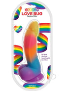 Love Bug Silicone Dildo with Suction Cup 6 Inch Rainbow in colorful packaging with features listed.