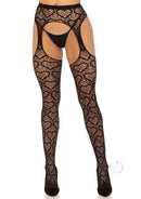 Leg Avenue Heart Net Suspender Hose One Size Black featuring heart-patterned net and suspender design.