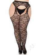 Leg Avenue Heart Net Suspender Hose 1X/2X Black with heart-patterned net and suspender design.