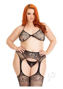 Leg Avenue 3 Piece Rhinestone Lace Lingerie Set 1X/2X Black model wearing lace and rhinestone detail.