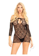 Leg Avenue Seamless Heart Net Keyhole Mini Dress Black featuring heart-patterned net and flirty keyhole tie front.