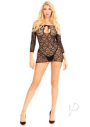 Leg Avenue Seamless Heart Net Keyhole Mini Dress Black featuring heart-patterned net and keyhole tie front design.