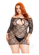 Leg Avenue Seamless Heart Net Mini Dress 1X/2X Black showcased on a curvy model with a playful heart net pattern.