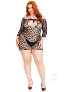 Leg Avenue Seamless Heart Net Mini Dress 1X/2X Black displayed on a model showcasing its flirty design and keyhole tie front.