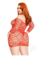 Leg Avenue Seamless Heart Net Keyhole Mini Dress 1X/2X Red showcasing a flirty heart net design and figure-hugging silhouette.