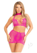 Leg Avenue Lace Halter Crop Top and Mini Skirt Set Magenta displayed on a model in a vivid magenta shade.